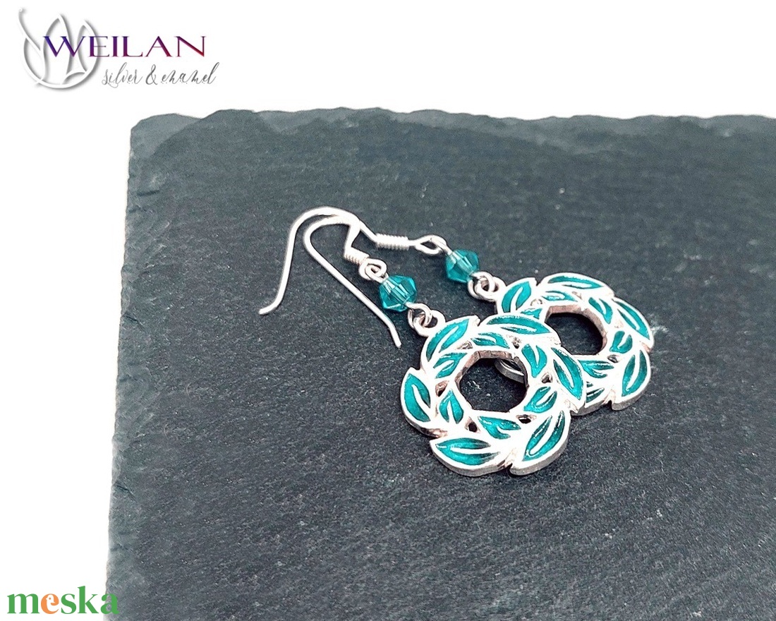 Leaf - Laurus / Babér ezüst tűzzománc fülbevaló - türkiz - ékszer - fülbevaló - lógó fülbevaló - Meska.hu