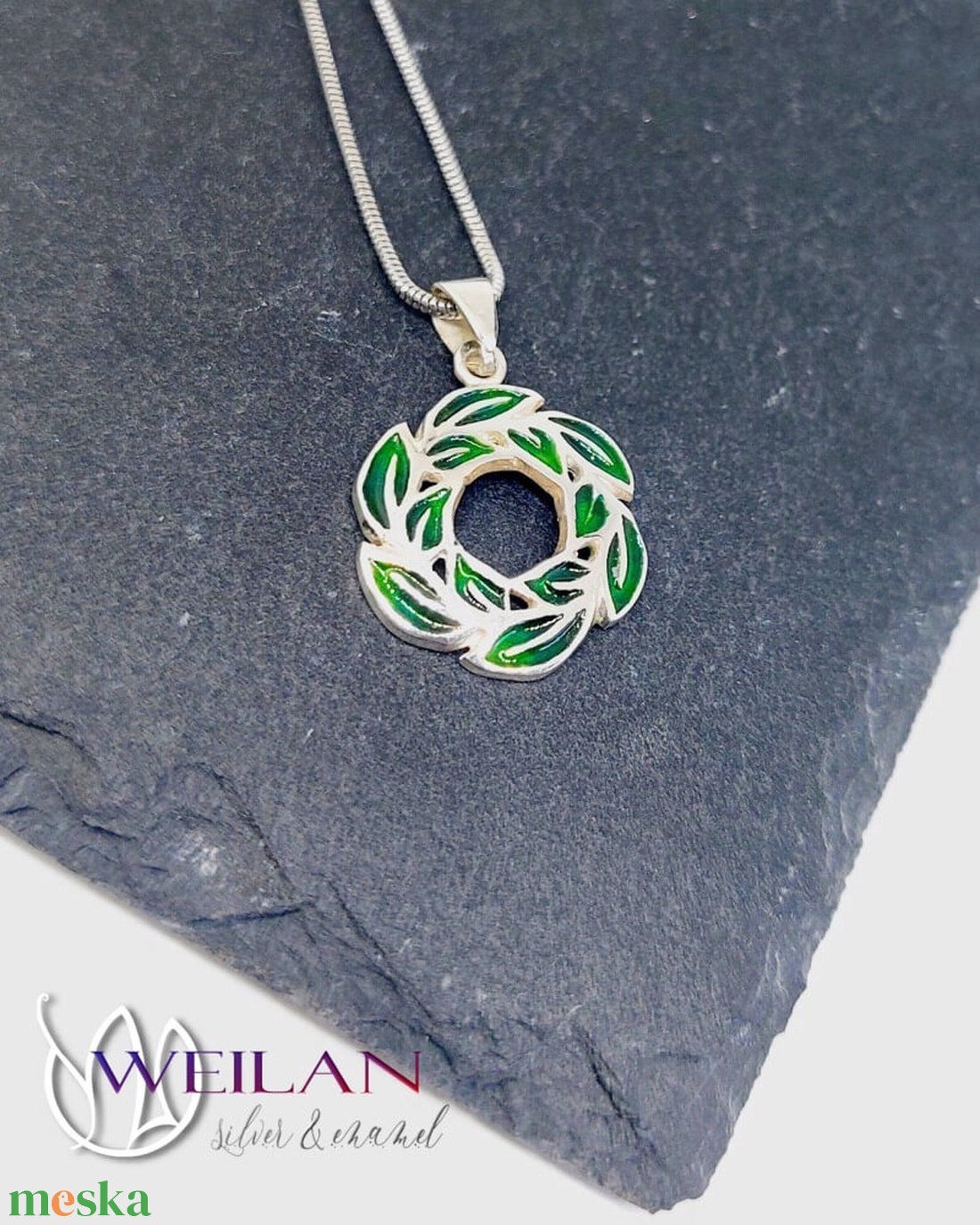 Leaf - Laurus / Babér ezüst tűzzománc medál, kis méret - zöld - ékszer - nyaklánc - medál - Meska.hu