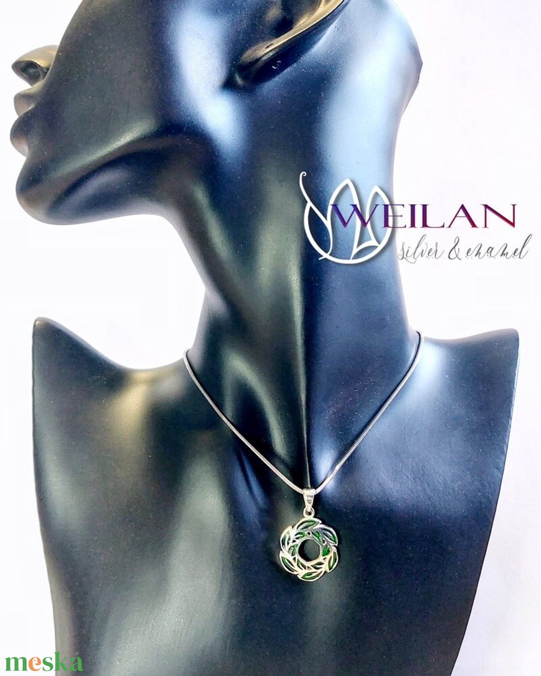 Leaf - Laurus / Babér ezüst tűzzománc medál, kis méret - zöld - ékszer - nyaklánc - medál - Meska.hu