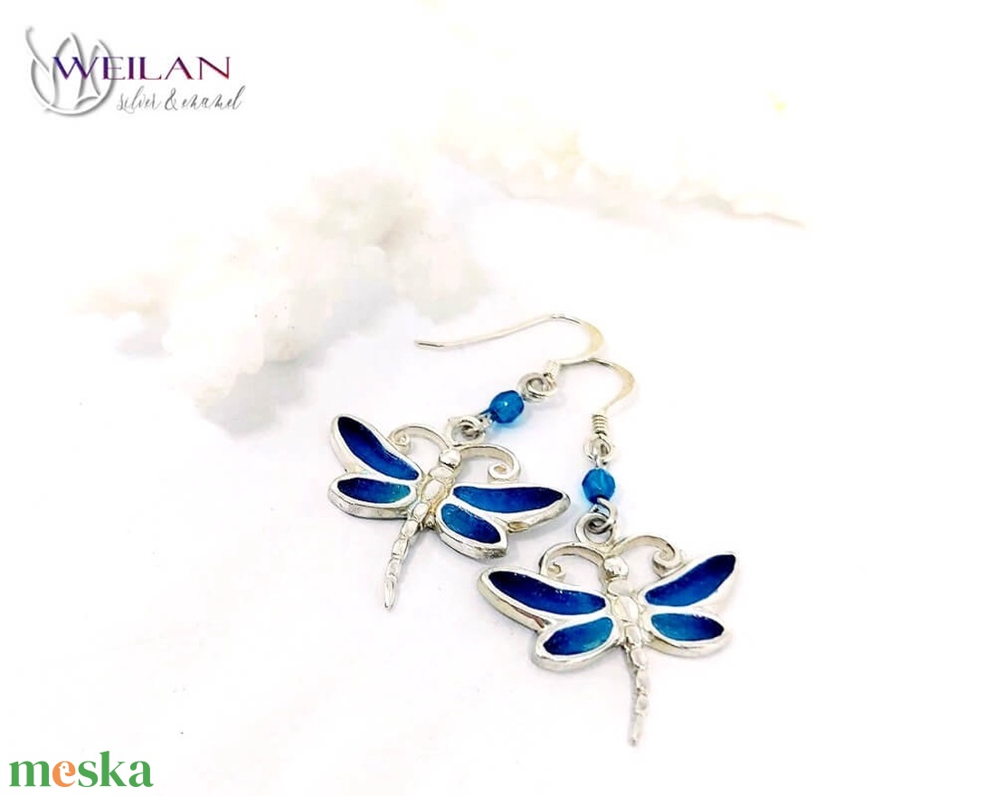 Szitakötő - ezüst tűzzománc fülbevaló (türkizkék) - ékszer - fülbevaló - lógó fülbevaló - Meska.hu