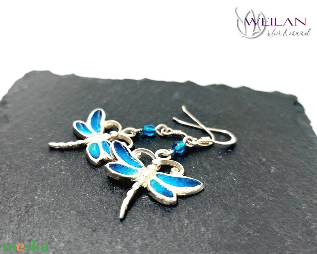 Szitakötő - ezüst tűzzománc fülbevaló (türkizkék) - ékszer - fülbevaló - lógó fülbevaló - Meska.hu