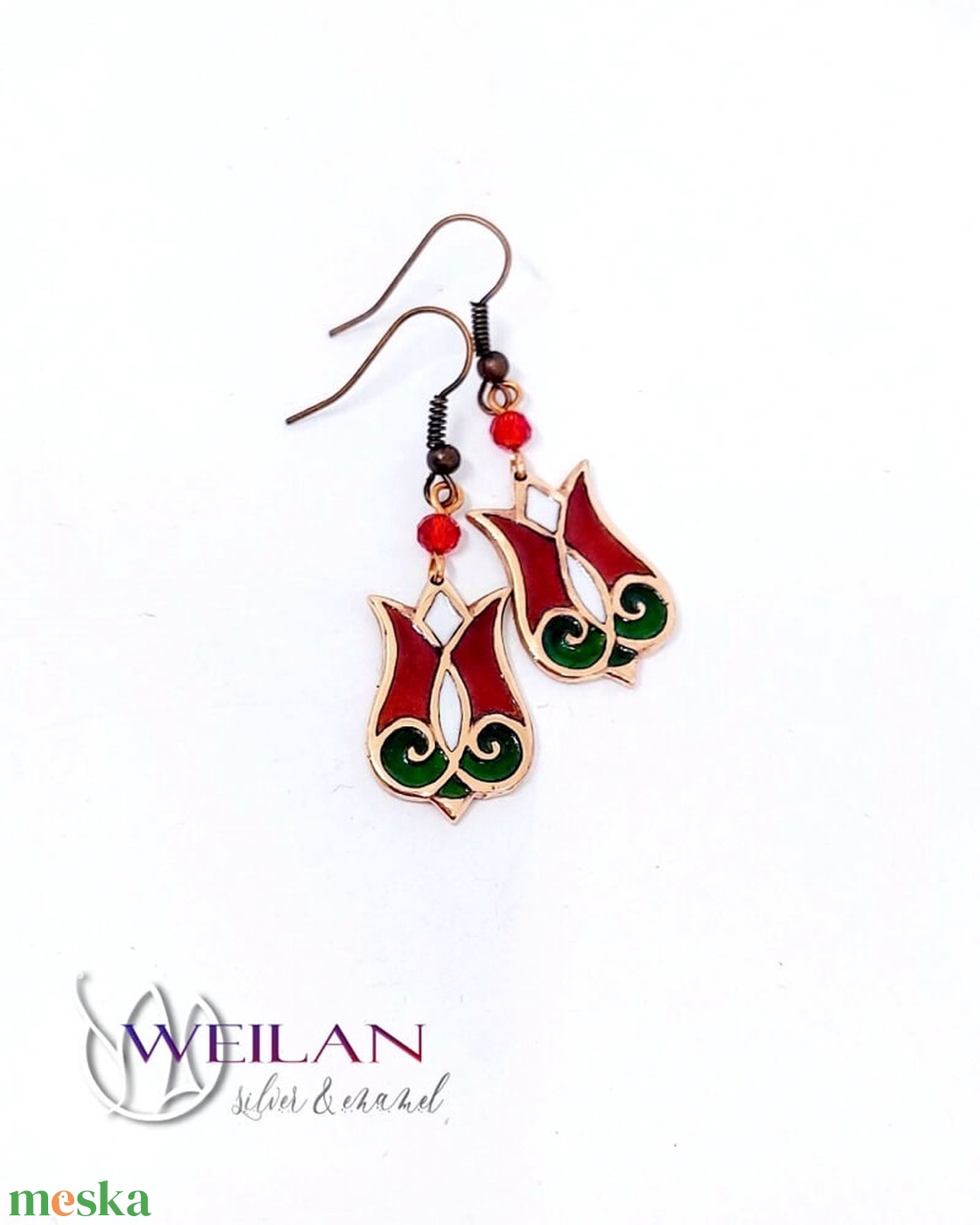 Hej'tulipán - Mátkám bronz tűzzománc fülbevaló, népi kézműves ékszer, piros-fehér-zöld - ékszer - fülbevaló - lógó fülbevaló - Meska.hu