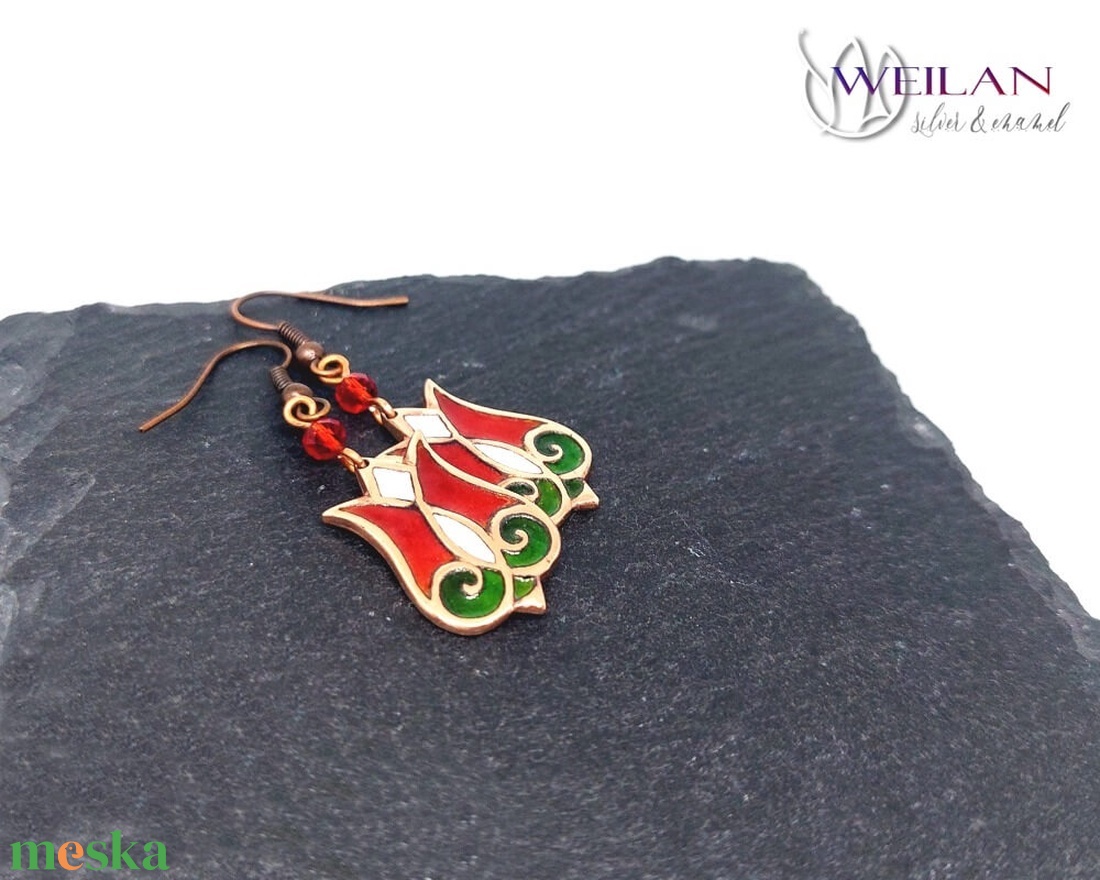 Hej'tulipán - Mátkám bronz tűzzománc fülbevaló, népi kézműves ékszer, piros-fehér-zöld - ékszer - fülbevaló - lógó fülbevaló - Meska.hu