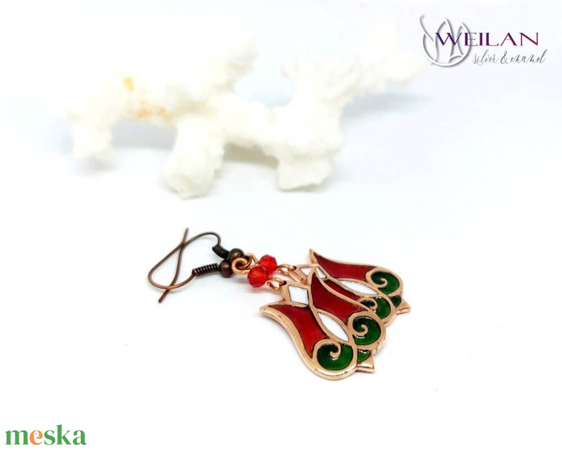 Hej'tulipán - Mátkám bronz tűzzománc fülbevaló, népi kézműves ékszer, piros-fehér-zöld - ékszer - fülbevaló - lógó fülbevaló - Meska.hu
