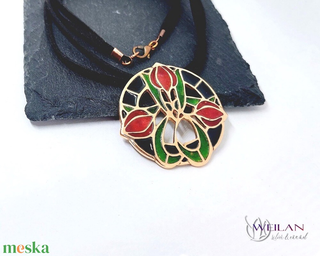 Hej' tulipán - Körtánc bronz medál - piros-fekete-zöld (nagy méret) - ékszer - nyaklánc - medál - Meska.hu