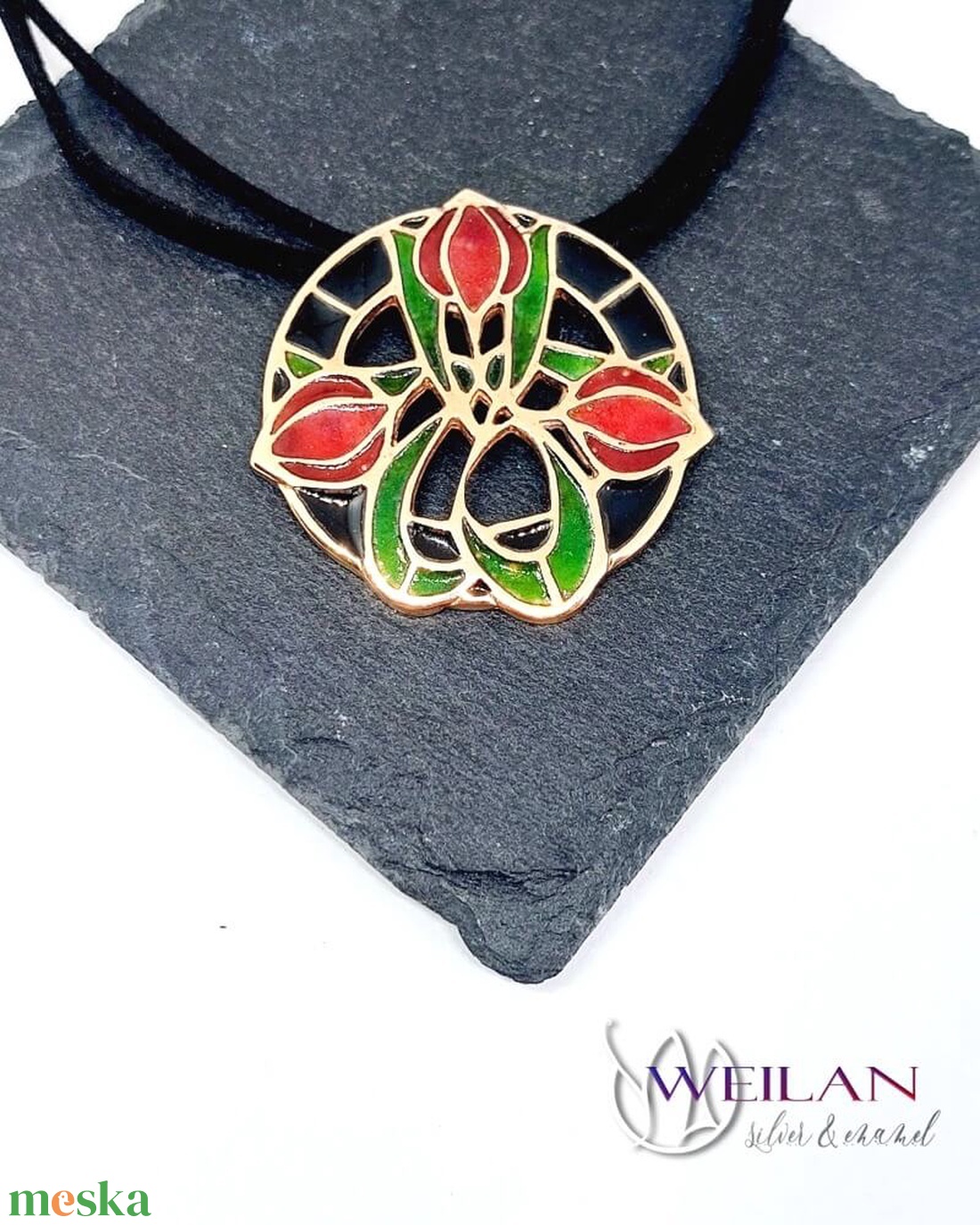 Hej' tulipán - Körtánc bronz medál - piros-fekete-zöld (nagy méret) - ékszer - nyaklánc - medál - Meska.hu