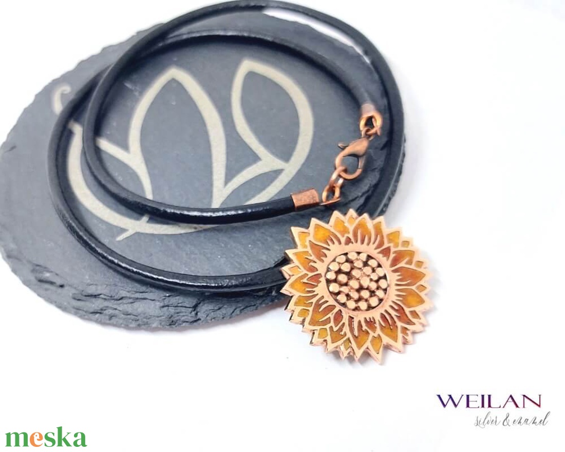 Flora - Napraforgóvirág magokkal, bronz tűzzománc medál, arany-narancs - ékszer - nyaklánc - medálos nyaklánc - Meska.hu