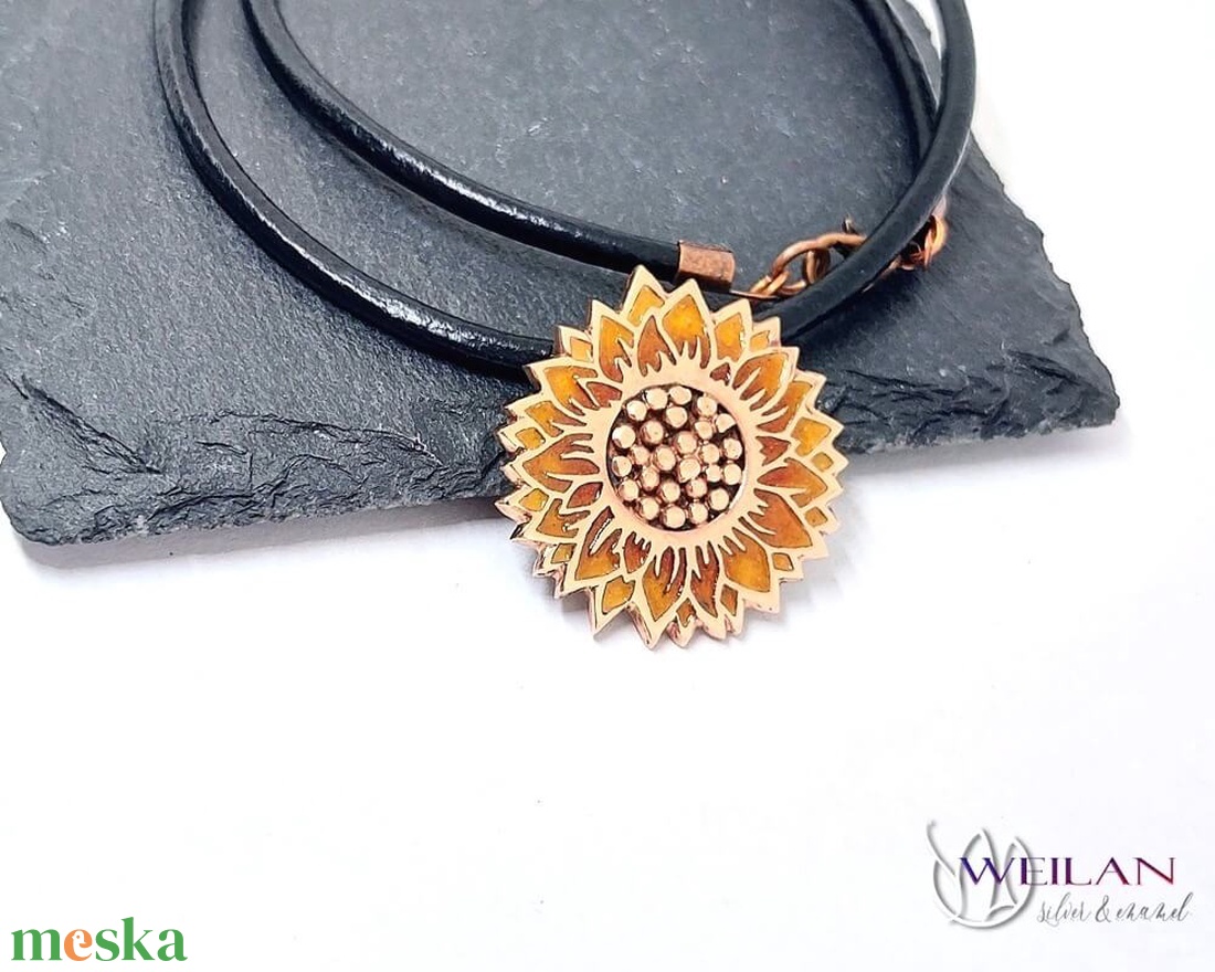Flora - Napraforgóvirág magokkal, bronz tűzzománc medál, arany-narancs - ékszer - nyaklánc - medálos nyaklánc - Meska.hu