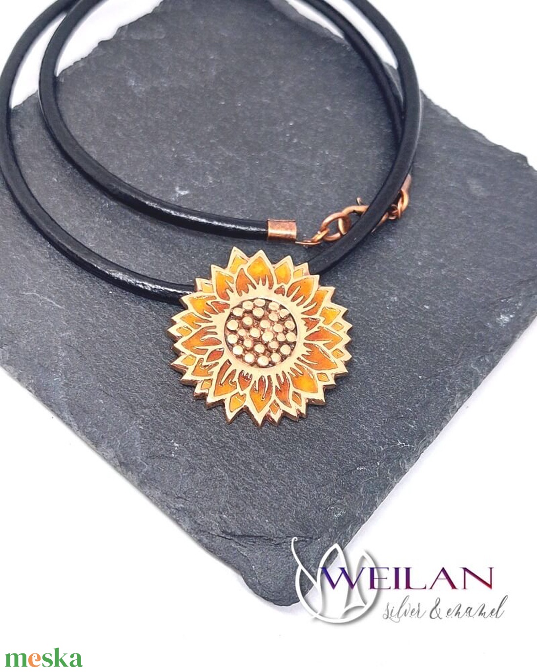 Flora - Napraforgóvirág magokkal, bronz tűzzománc medál, arany-narancs - ékszer - nyaklánc - medálos nyaklánc - Meska.hu