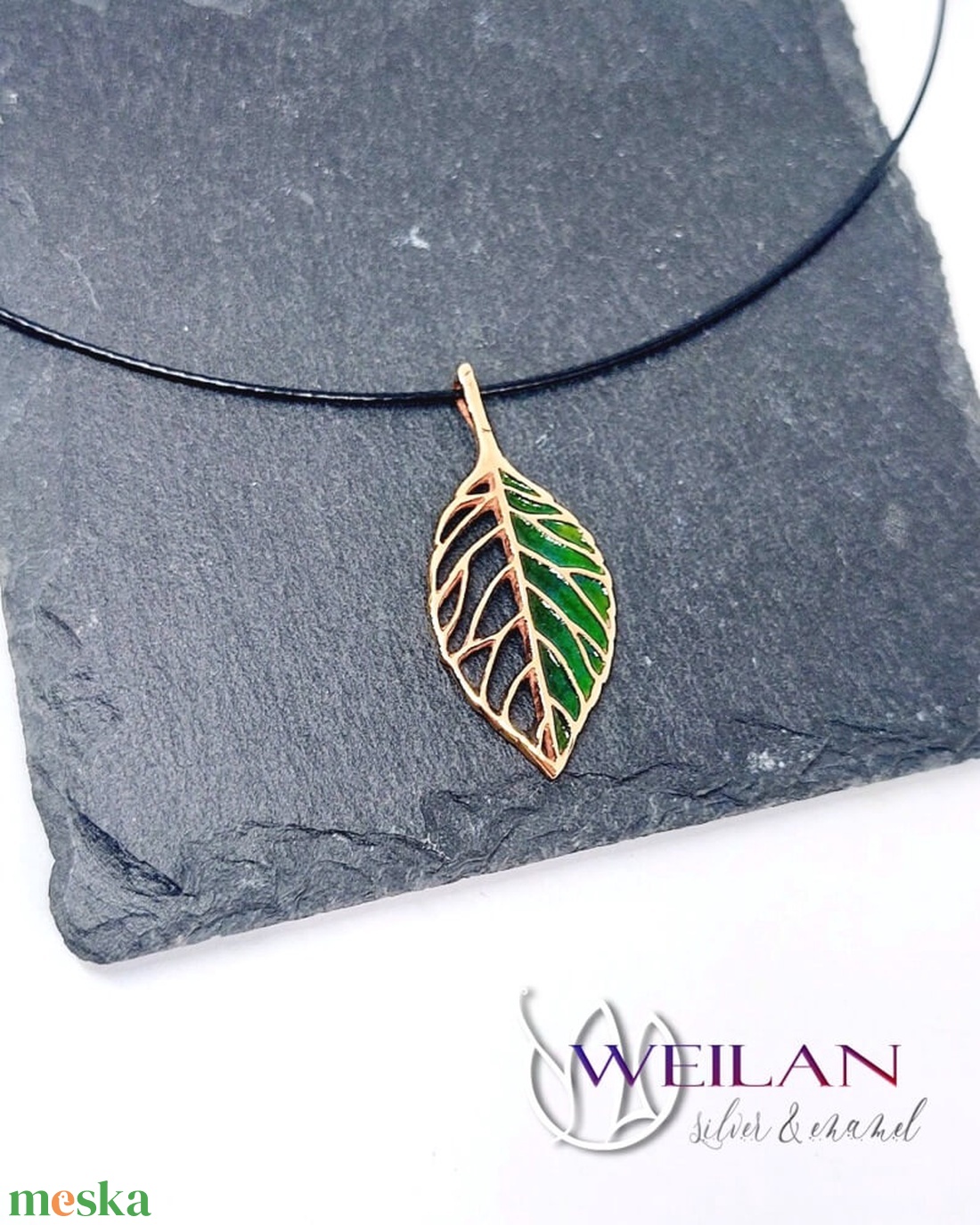 Leaf - Fagus / Bükk bronz tűzzománc medál, zöld - ékszer - nyaklánc - medálos nyaklánc - Meska.hu