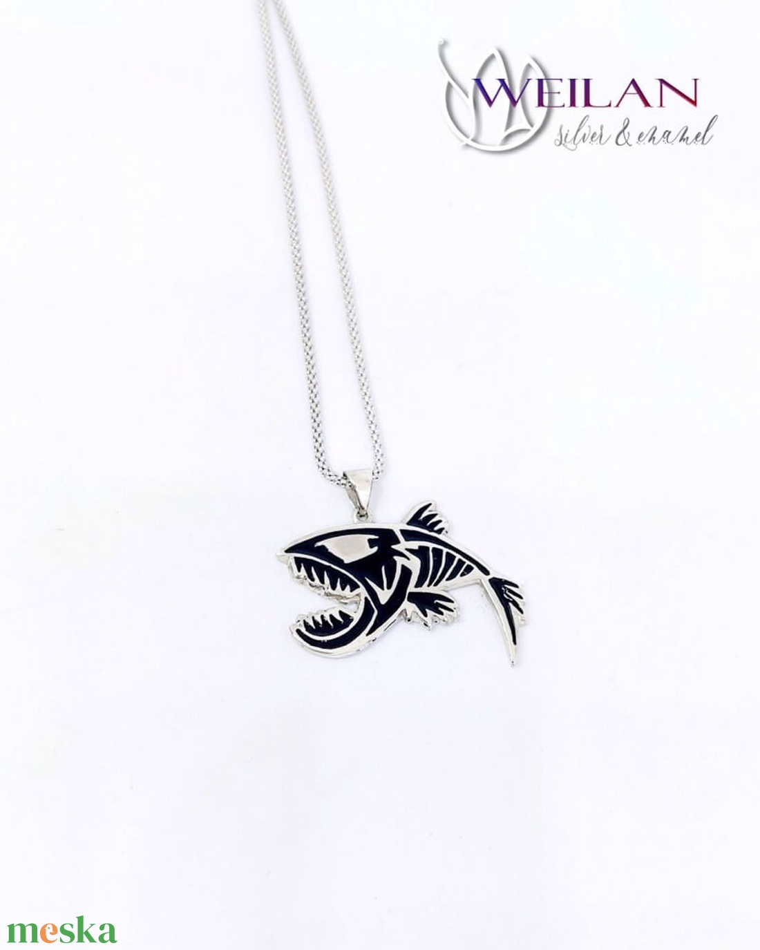 Vadvilág - Piranha, ezüst tűzzománc medál, fekete - ékszer - nyaklánc - medál - Meska.hu