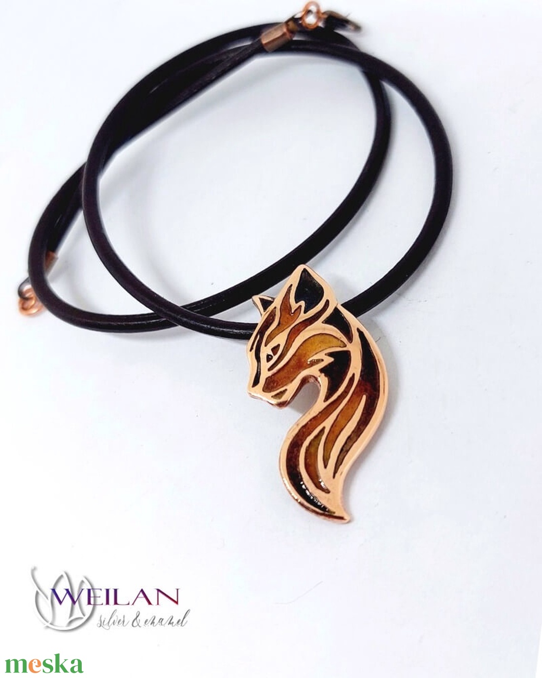 Karminca Tűzmacska - bronz tűzzománc medál (barna - narancs - arany) - ékszer - nyaklánc - medálos nyaklánc - Meska.hu