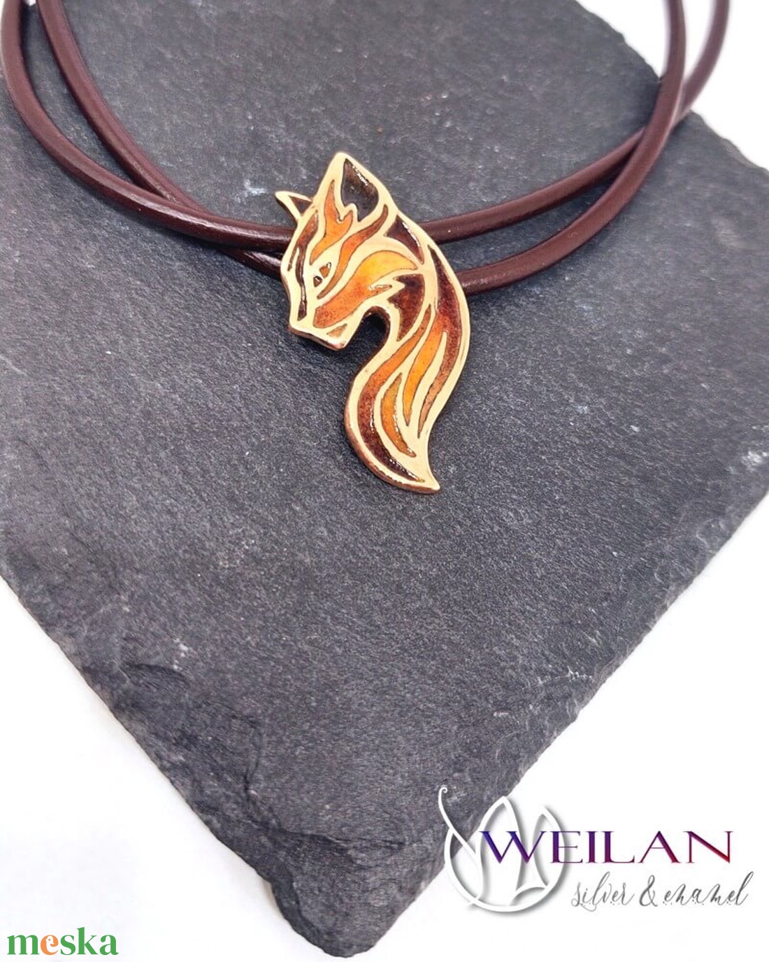 Karminca Tűzmacska - bronz tűzzománc medál (barna - narancs - arany) - ékszer - nyaklánc - medálos nyaklánc - Meska.hu