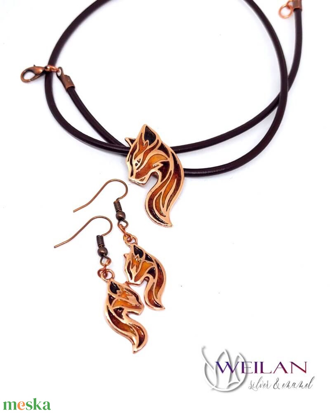 Karminca Tűzmacska - bronz tűzzománc medál (barna - narancs - arany) - ékszer - nyaklánc - medálos nyaklánc - Meska.hu