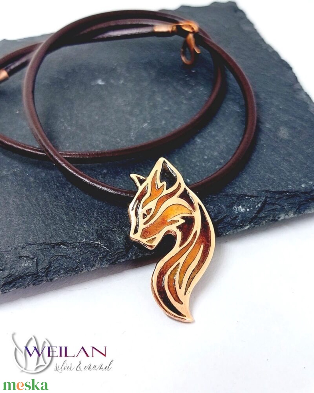 Karminca Tűzmacska - bronz tűzzománc medál (barna - narancs - arany) - ékszer - nyaklánc - medálos nyaklánc - Meska.hu