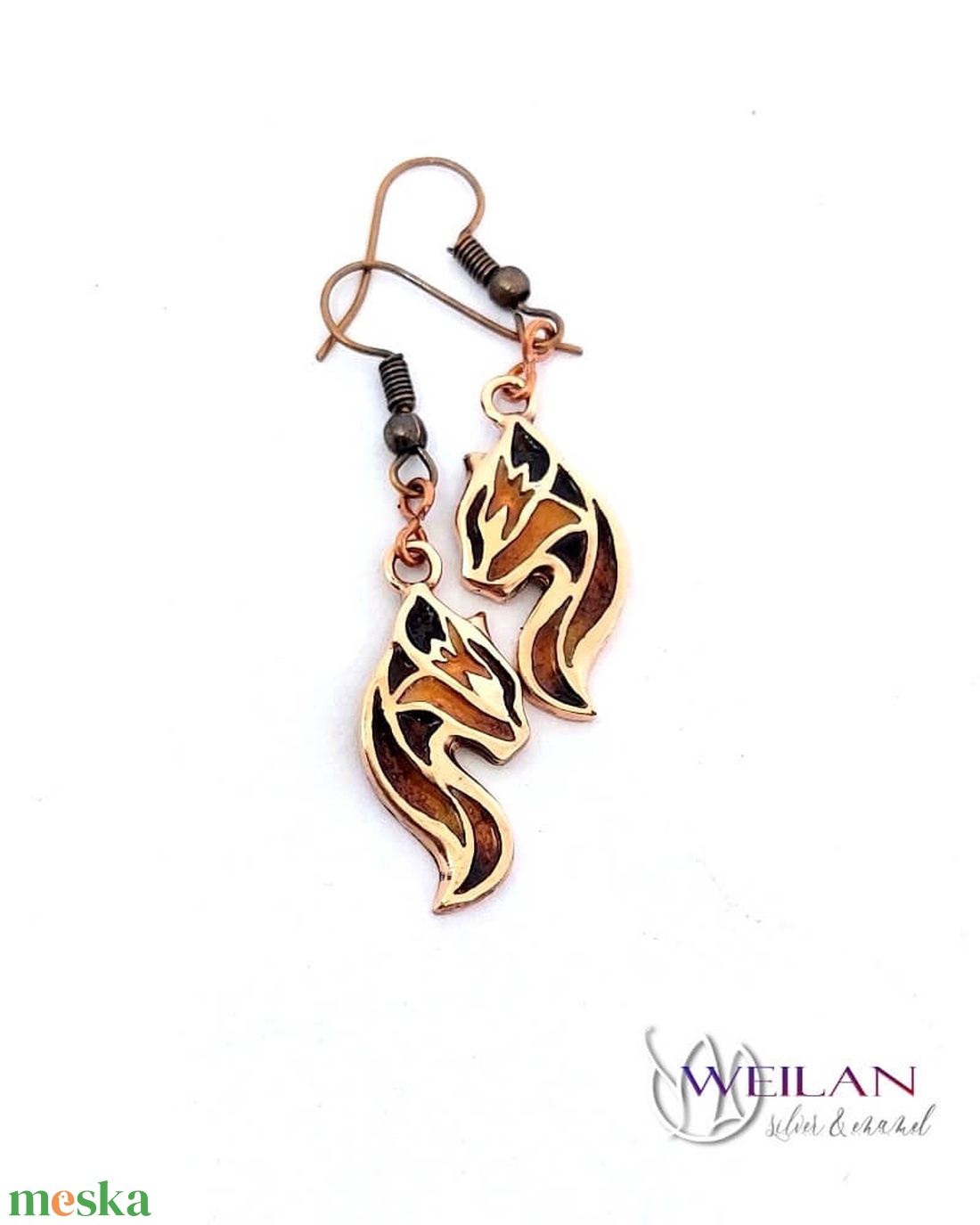 Karminca Tűzmacska - bronz tűzzománc fülbevaló (barna - narancs - arany) - ékszer - fülbevaló - lógó fülbevaló - Meska.hu