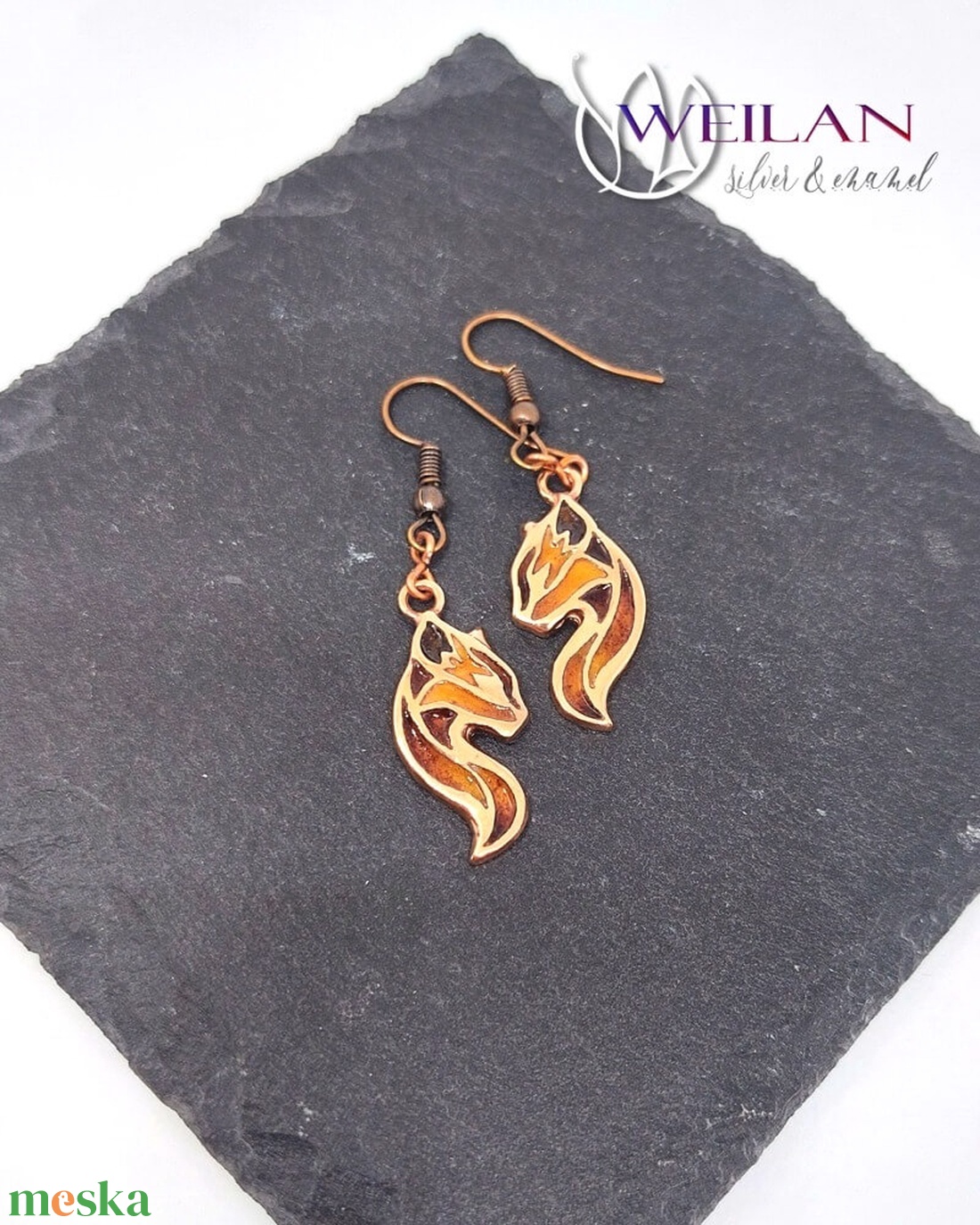 Karminca Tűzmacska - bronz tűzzománc fülbevaló (barna - narancs - arany) - ékszer - fülbevaló - lógó fülbevaló - Meska.hu