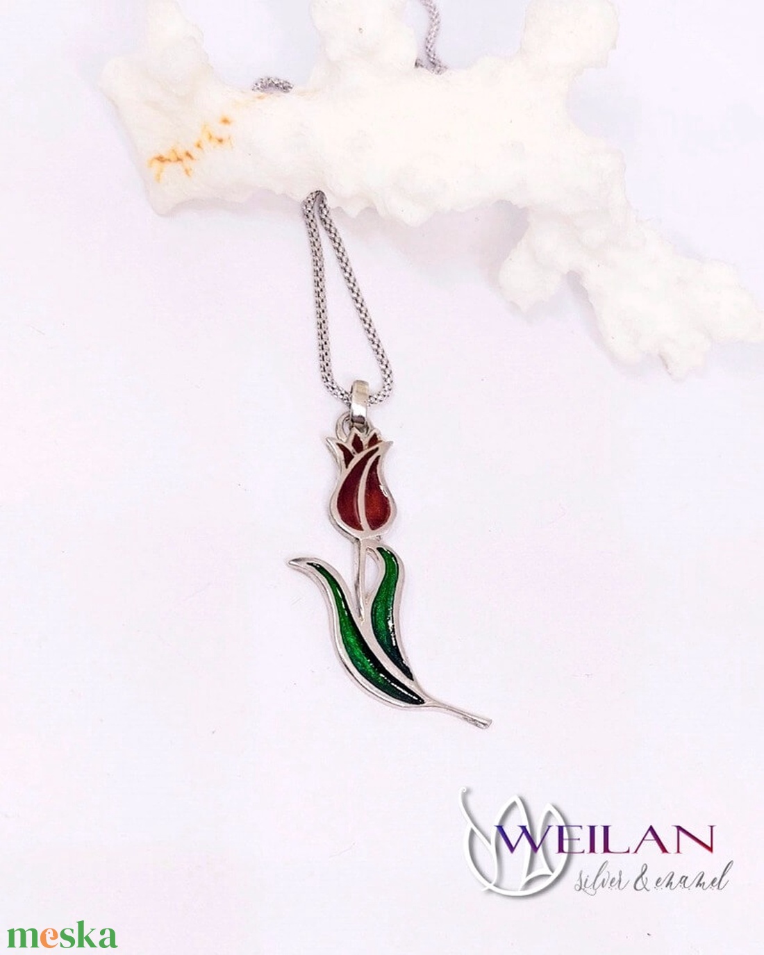 Hej'tulipán - Virágszálam ezüst tűzzománc medál piros-zöld - ékszer - nyaklánc - medál - Meska.hu