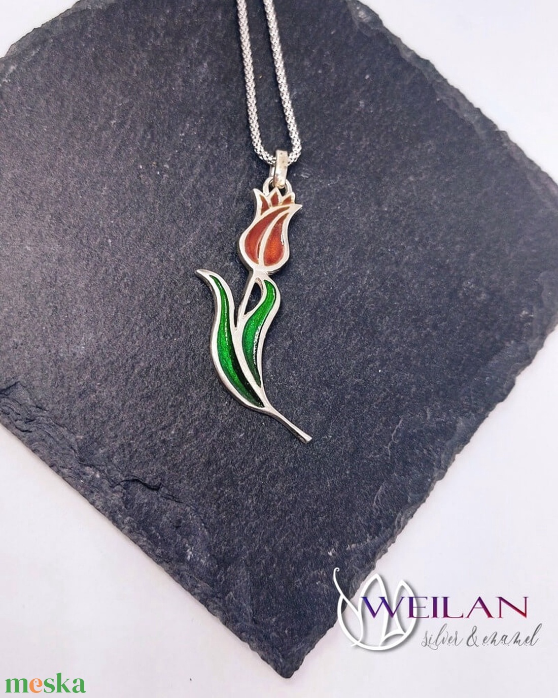 Hej'tulipán - Virágszálam ezüst tűzzománc medál piros-zöld - ékszer - nyaklánc - medál - Meska.hu