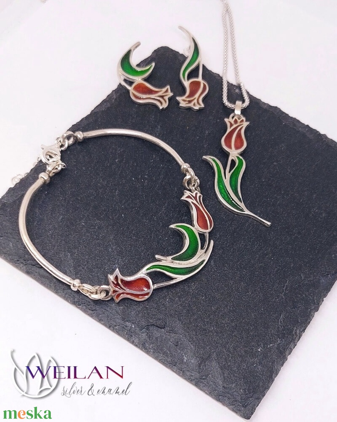 Hej'tulipán - Virágszálam ezüst tűzzománc medál piros-zöld - ékszer - nyaklánc - medál - Meska.hu
