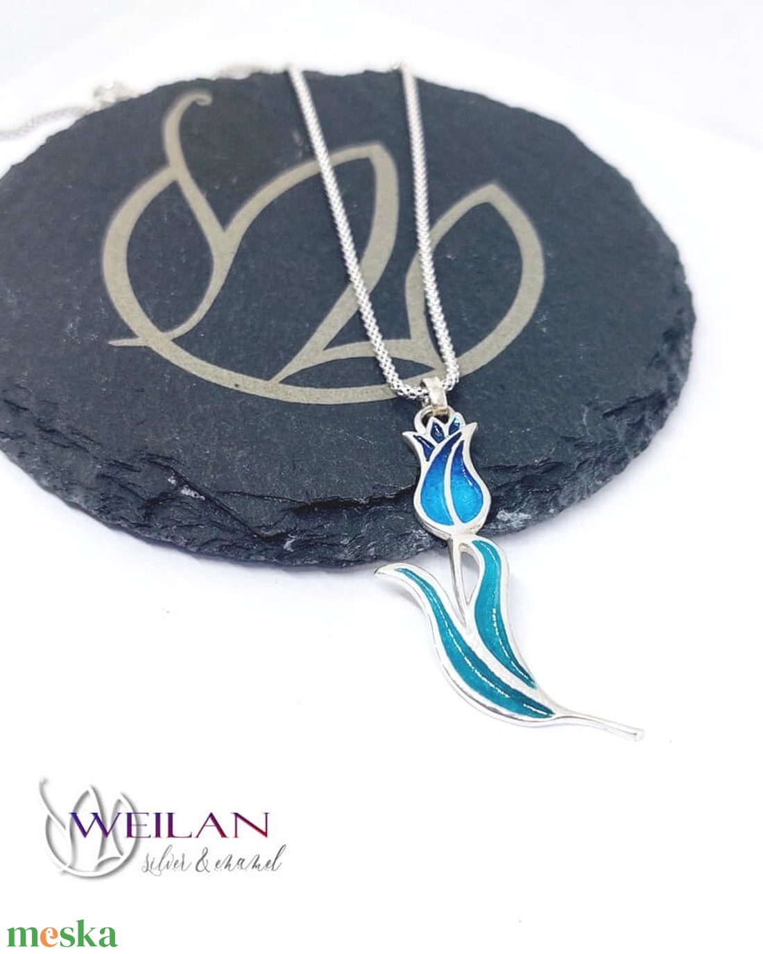 Hej'tulipán - Virágszálam ezüst tűzzománc medál kék-zöld - ékszer - nyaklánc - medál - Meska.hu