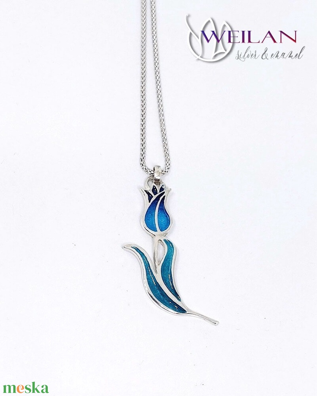 Hej'tulipán - Virágszálam ezüst tűzzománc medál kék-zöld - ékszer - nyaklánc - medál - Meska.hu