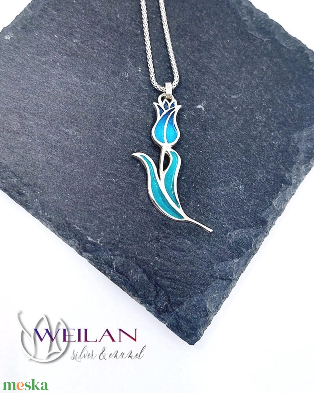 Hej'tulipán - Virágszálam ezüst tűzzománc medál kék-zöld - ékszer - nyaklánc - medál - Meska.hu