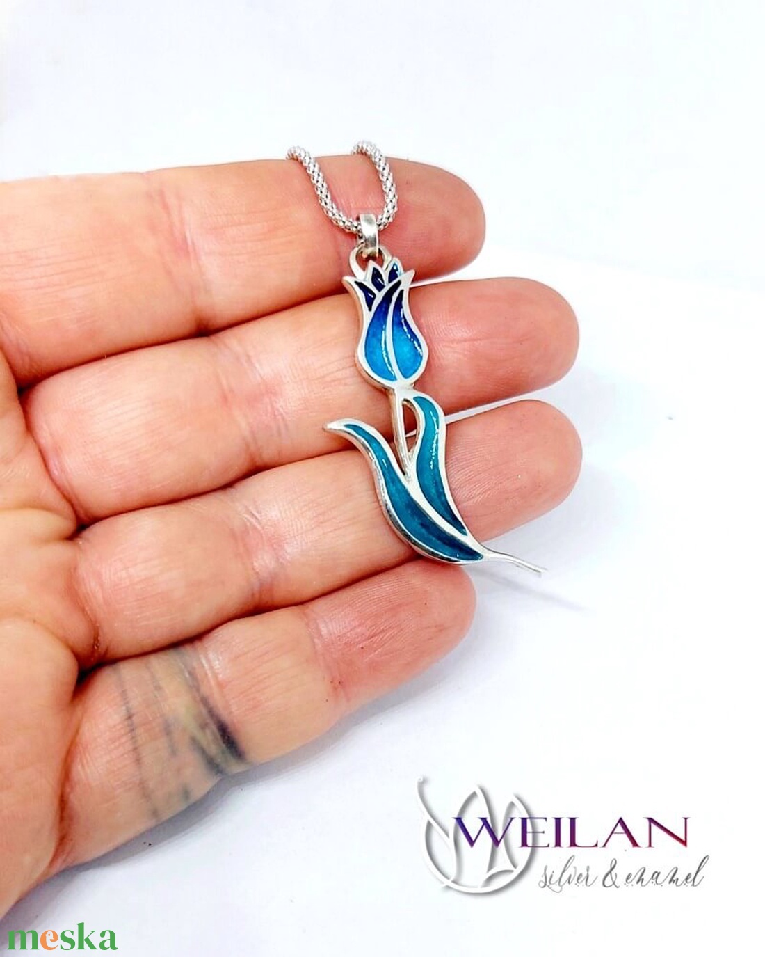 Hej'tulipán - Virágszálam ezüst tűzzománc medál kék-zöld - ékszer - nyaklánc - medál - Meska.hu