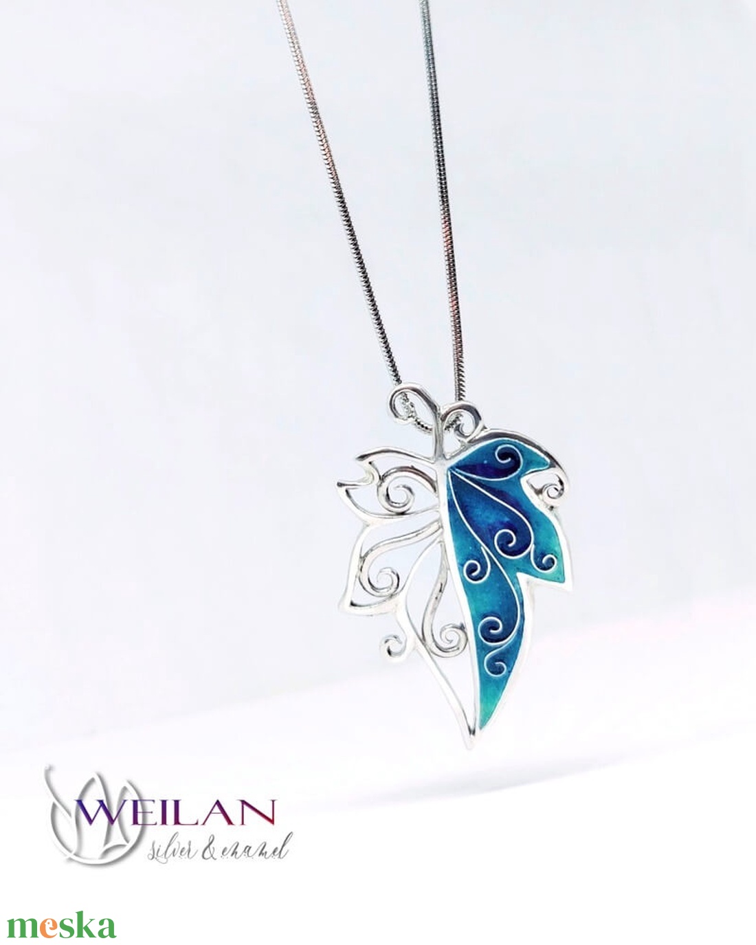 Leaf - Hedera / borostyánlevél ezüst tűzzománc medál, türkizzöld - ékszer - nyaklánc - medál - Meska.hu