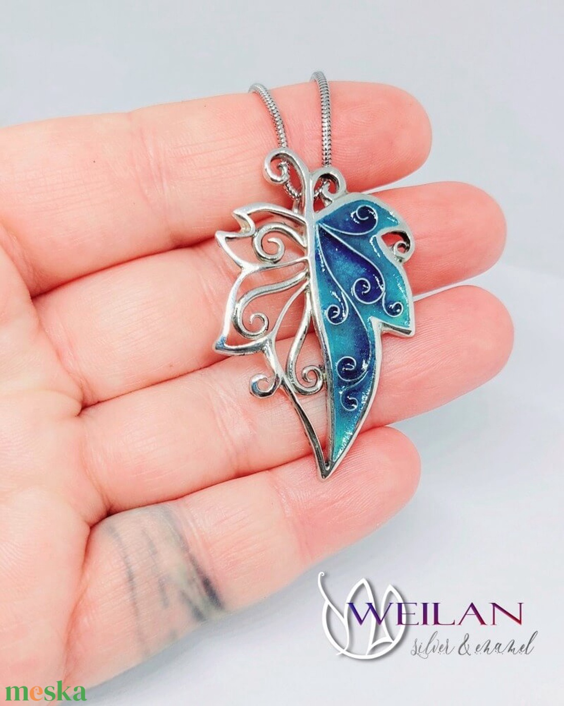 Leaf - Hedera / borostyánlevél ezüst tűzzománc medál, türkizzöld - ékszer - nyaklánc - medál - Meska.hu