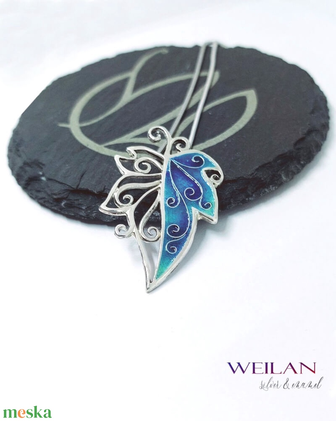 Leaf - Hedera / borostyánlevél ezüst tűzzománc medál, türkizzöld - ékszer - nyaklánc - medál - Meska.hu