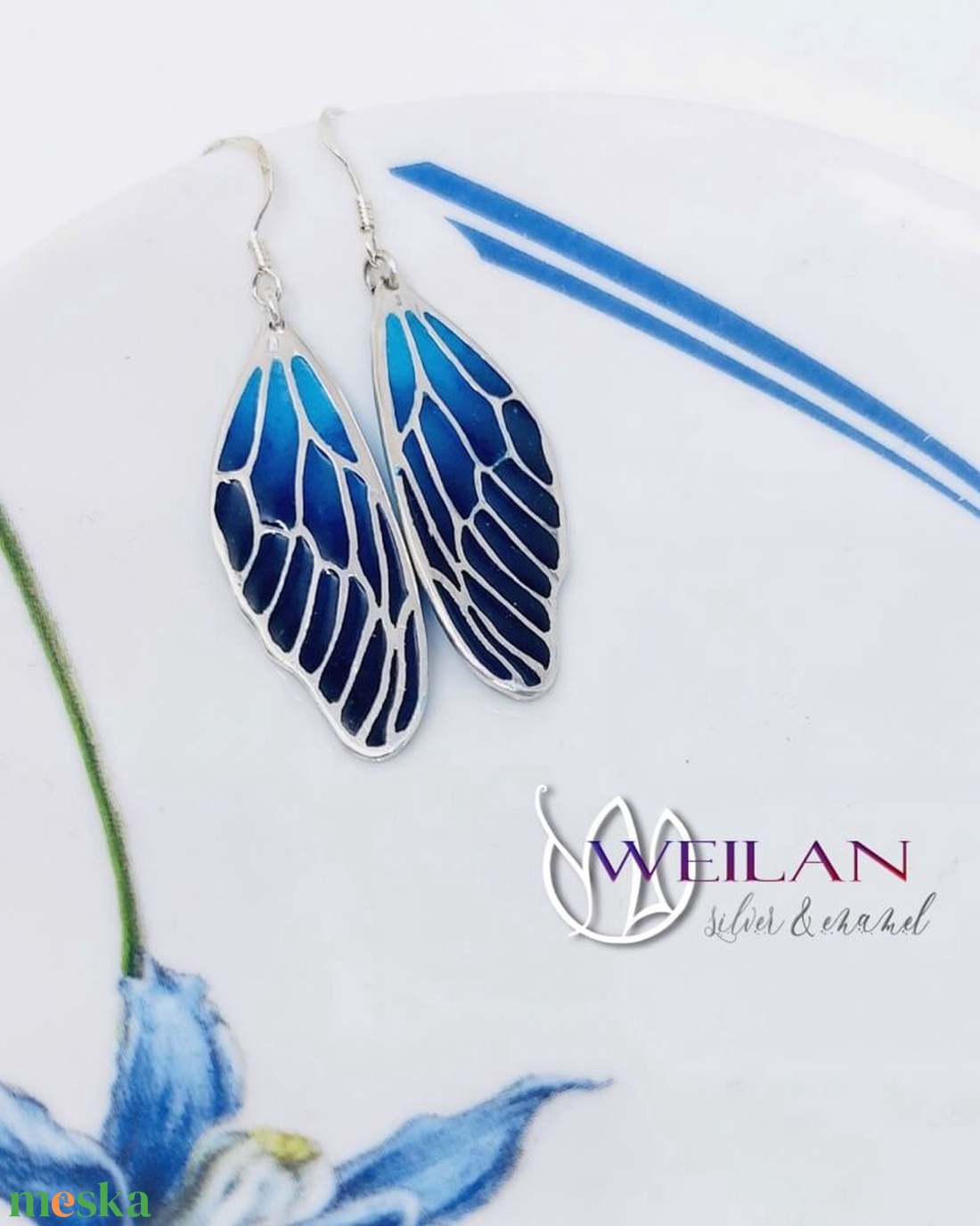 Szitakötőszárny - ezüst ajour tűzzománc fülbevaló, türkizkék - ékszer - fülbevaló - lógó fülbevaló - Meska.hu