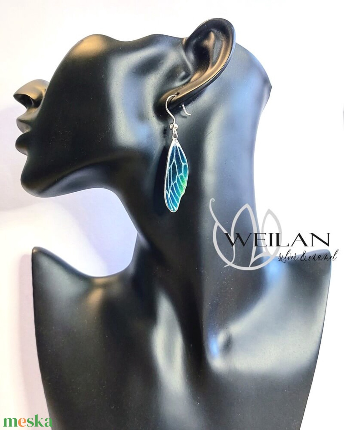 Szitakötőszárny - ezüst ajour tűzzománc fülbevaló, türkizkék - ékszer - fülbevaló - lógó fülbevaló - Meska.hu