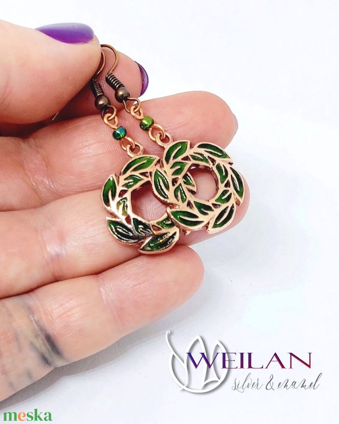 Leaf - Laurus / Babér bronz tűzzománc fülbevaló - zöld - ékszer - fülbevaló - lógó fülbevaló - Meska.hu
