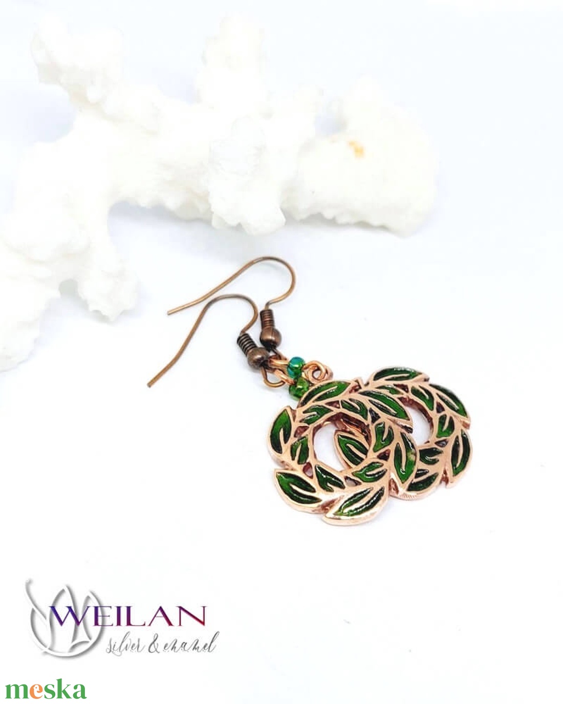 Leaf - Laurus / Babér bronz tűzzománc fülbevaló - zöld - ékszer - fülbevaló - lógó fülbevaló - Meska.hu