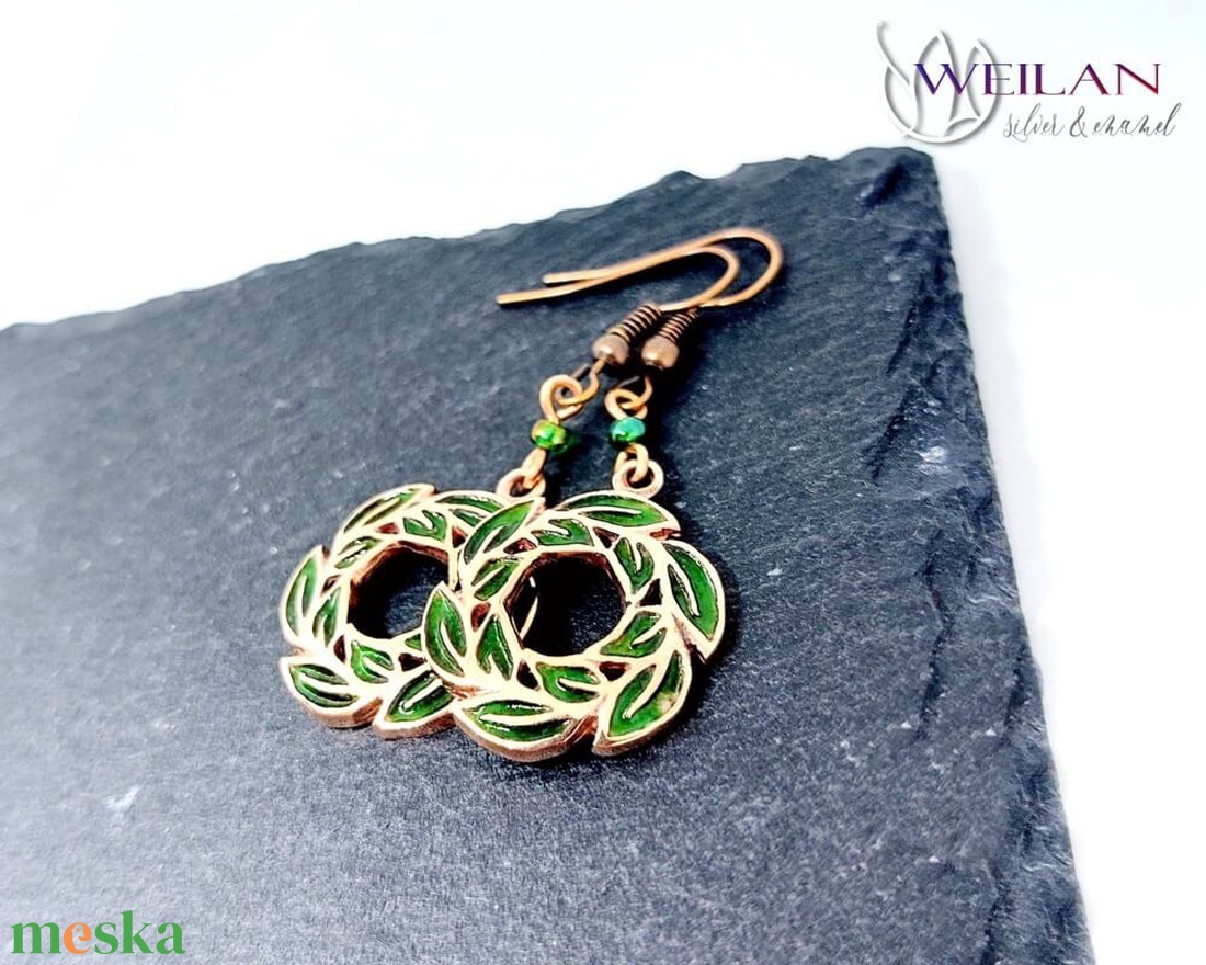 Leaf - Laurus / Babér bronz tűzzománc fülbevaló - zöld - ékszer - fülbevaló - lógó fülbevaló - Meska.hu