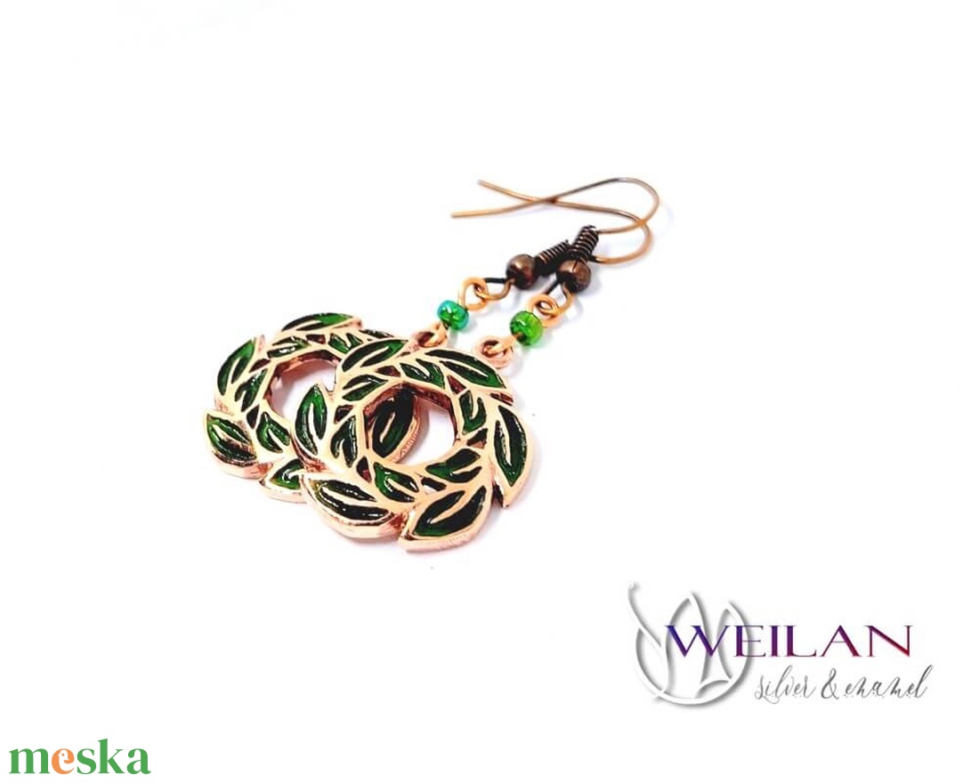 Leaf - Laurus / Babér bronz tűzzománc fülbevaló - zöld - ékszer - fülbevaló - lógó fülbevaló - Meska.hu