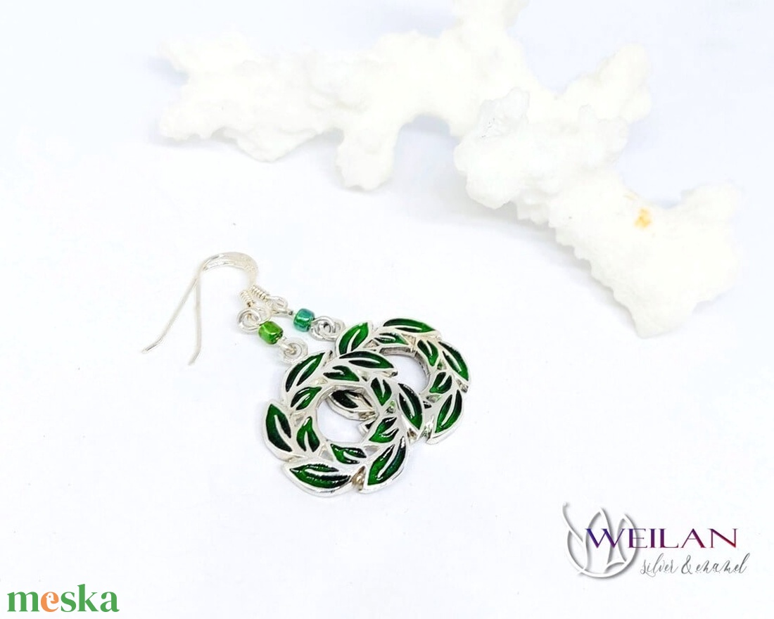 Leaf - Laurus / Babér ezüst tűzzománc fülbevaló - zöld - ékszer - fülbevaló - lógó fülbevaló - Meska.hu