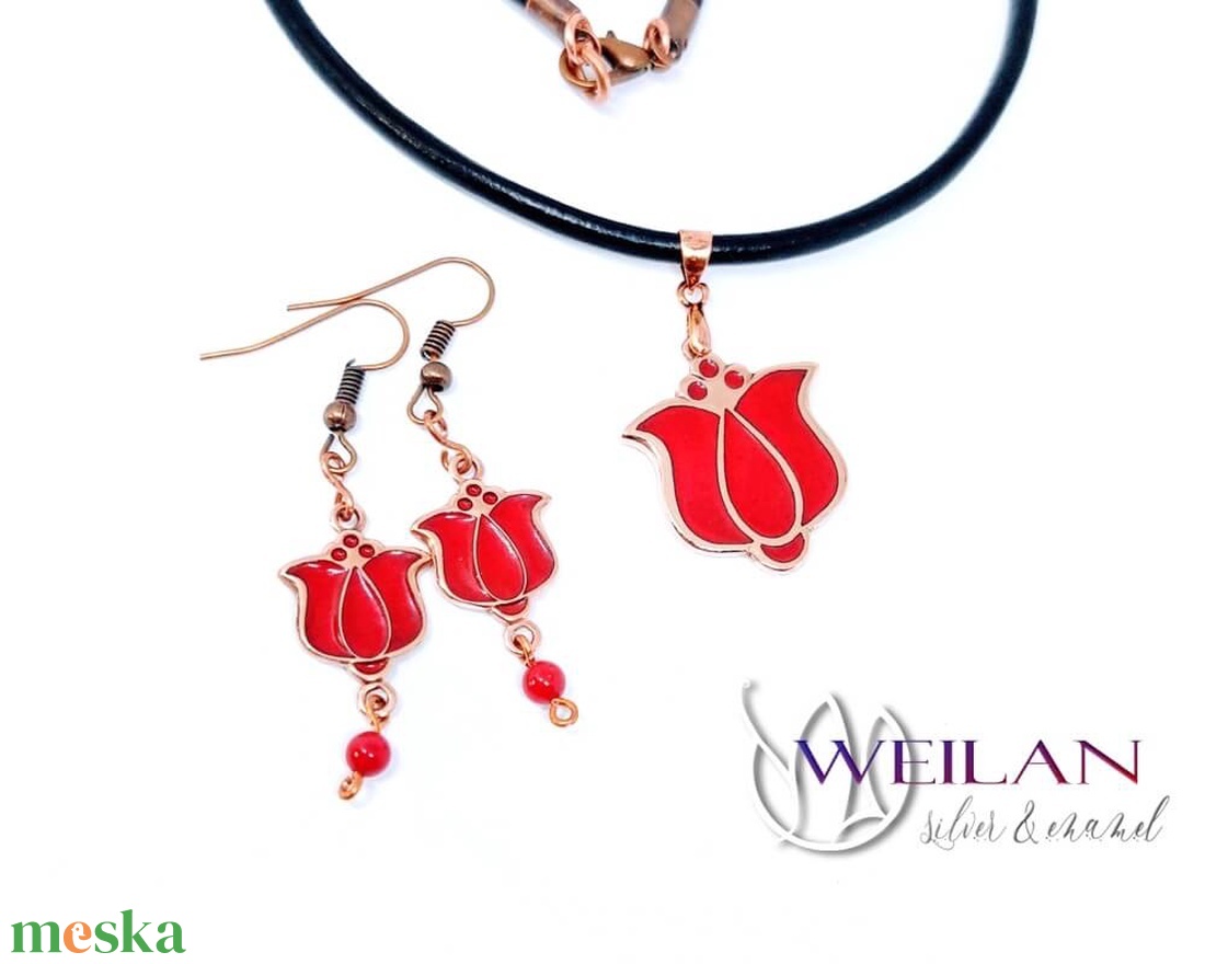 Tradició - Matyó - Tulipán bronz tűzzománc medál, piros - ékszer - nyaklánc - medálos nyaklánc - Meska.hu