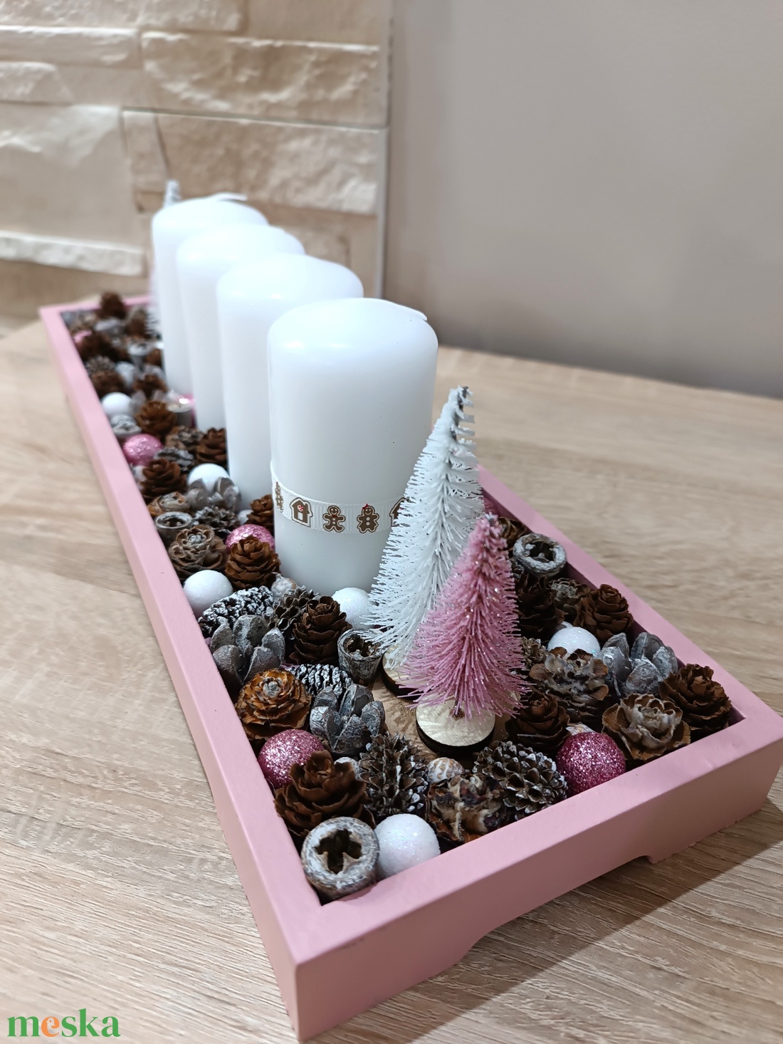 Rózsaszín-fehér nagyobb méretű adventi koszorú - karácsony - adventi díszek - adventi koszorú - Meska.hu