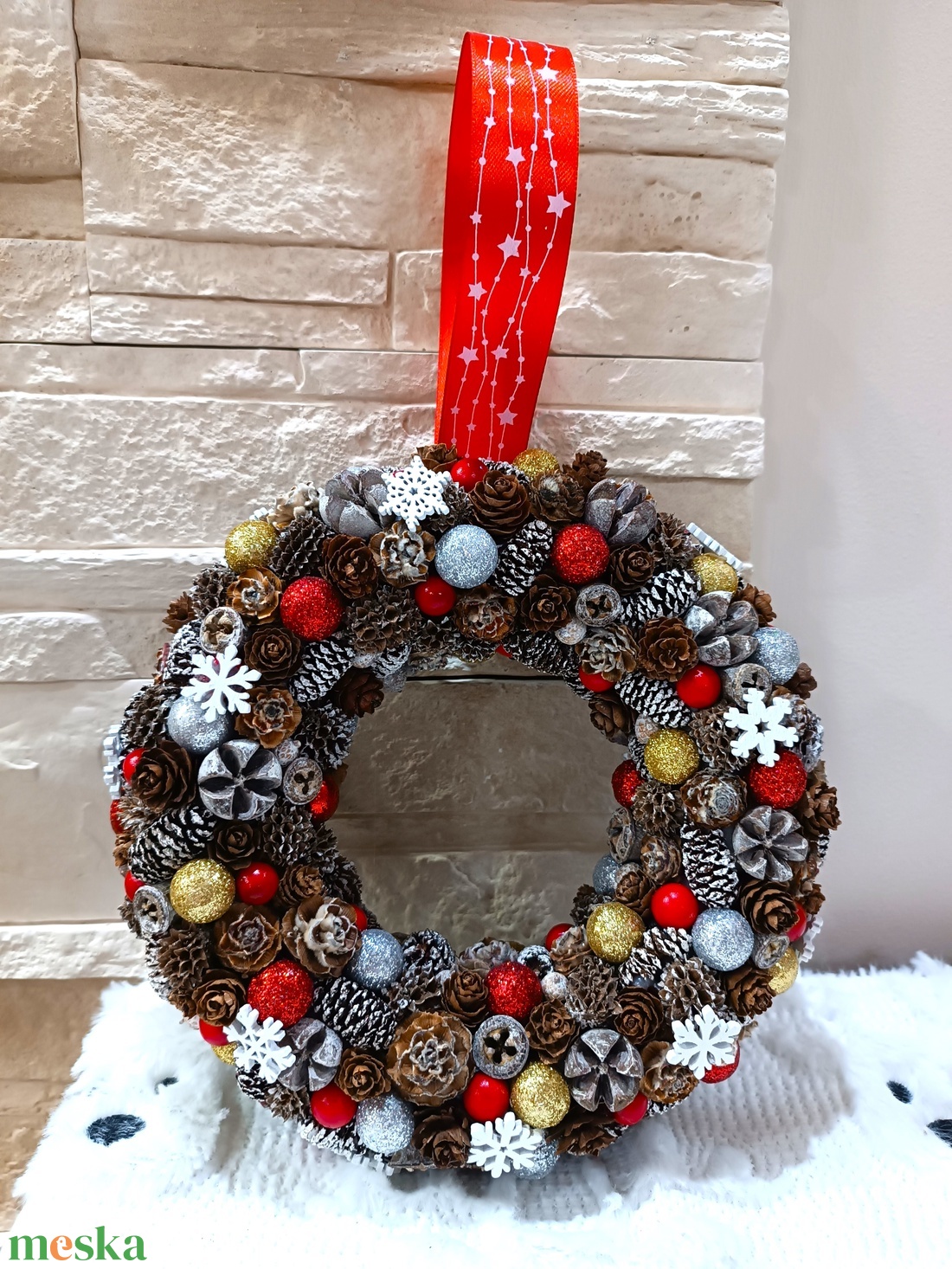 Piros , arany, fehér, ezüst kopogtató, ajtódísz - karácsony - karácsonyi lakásdekoráció - karácsonyi ajtódíszek - Meska.hu