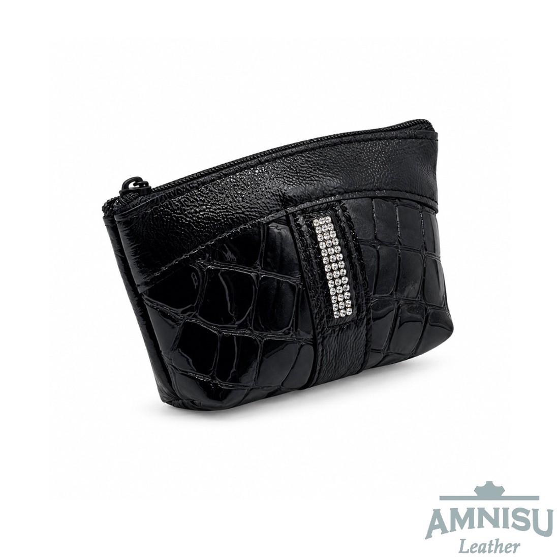 Fekete gyűrt lakk - fekete lakk krokkómintás egy cipzáras egyenes swarovski köves bőr kulcstartó E8007-8024 - táska & tok - kulcstartó & táskadísz - kulcstartó - Meska.hu