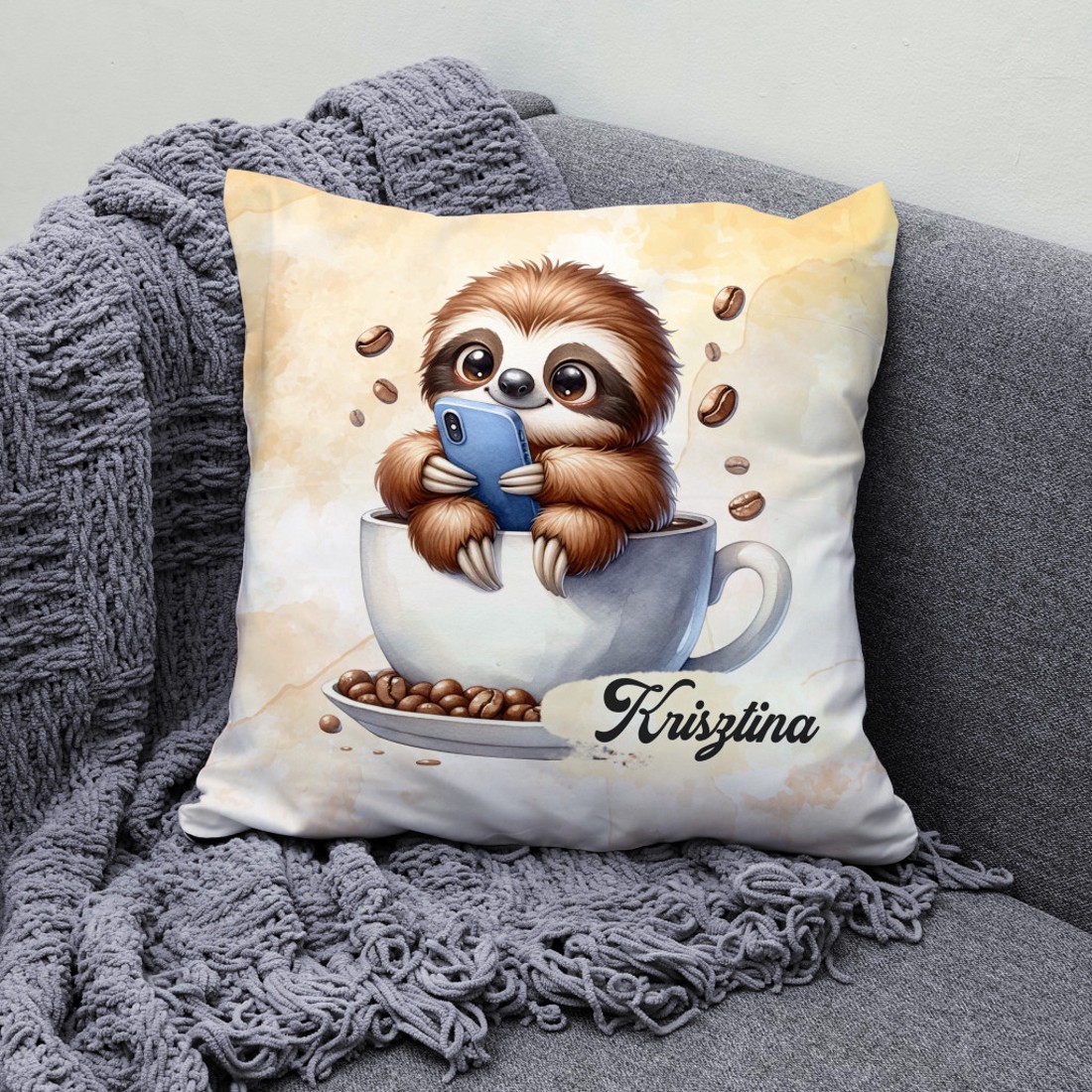 Névvel kérhető - Telefonozós Kávés lajhár mintás párna - otthon & életmód - lakástextil - párna & párnahuzat - díszpárna (belsővel együtt) - Meska.hu