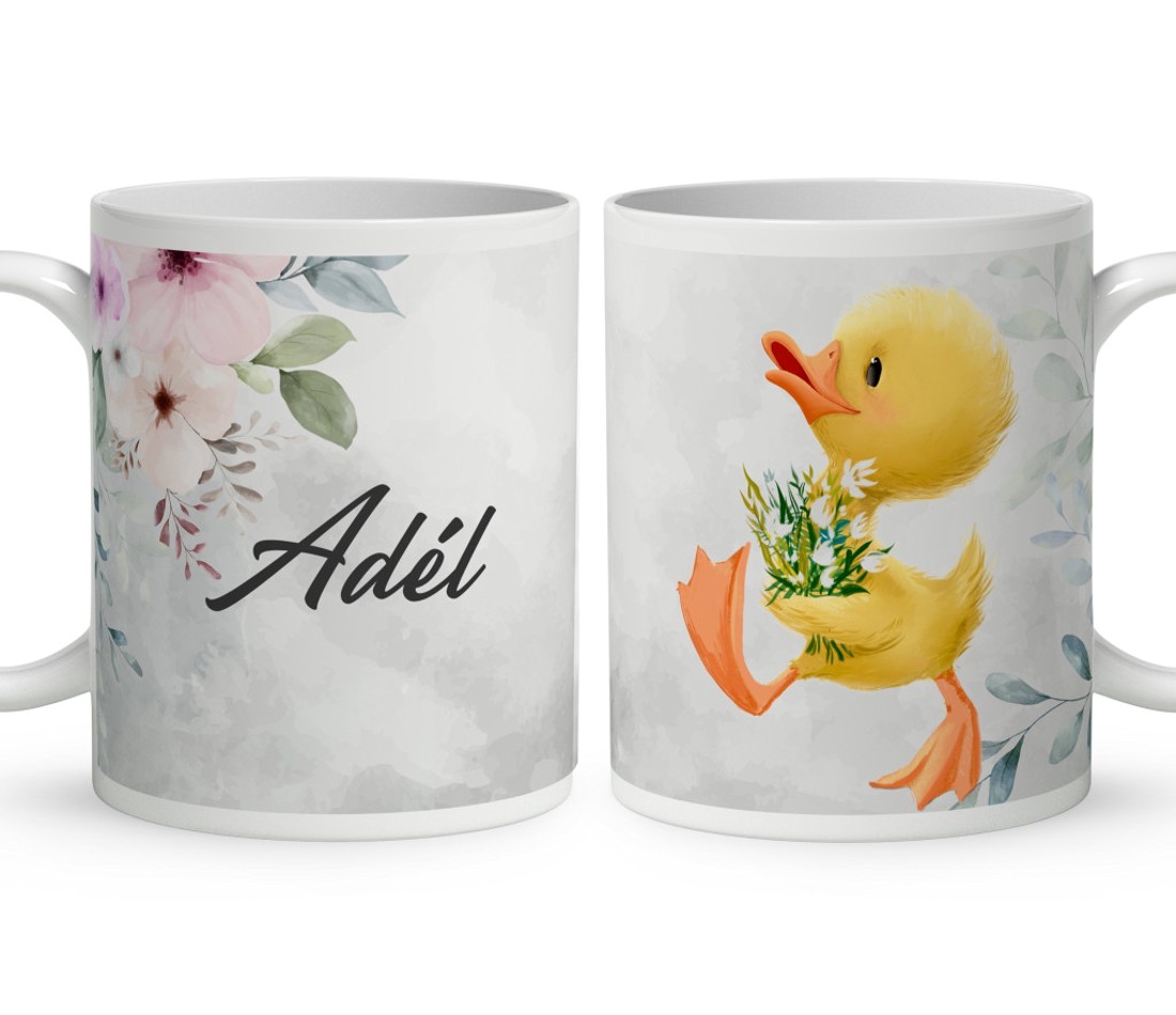 Névvel kérhető - Tündéri kiskacsa virágcsokorral mintás bögre - otthon & életmód - konyhafelszerelés, tálalás - tálalás - bögre & csésze - Meska.hu