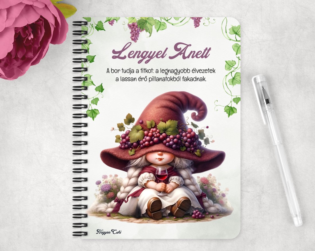 Személyre szabható - Egy pohár bor és a borász manó lány mintás A6-os füzet - otthon & életmód - papír, írószer - jegyzetfüzet & napló - Meska.hu
