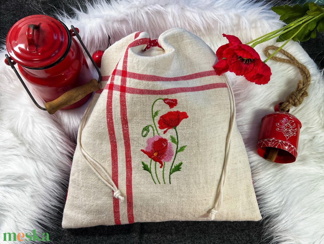 Kenyeres zsák-Pipacsos hímzett- öko zsák-vastag erős anyagból - táska & tok - bevásárlás & shopper táska - kenyeres zsák - Meska.hu