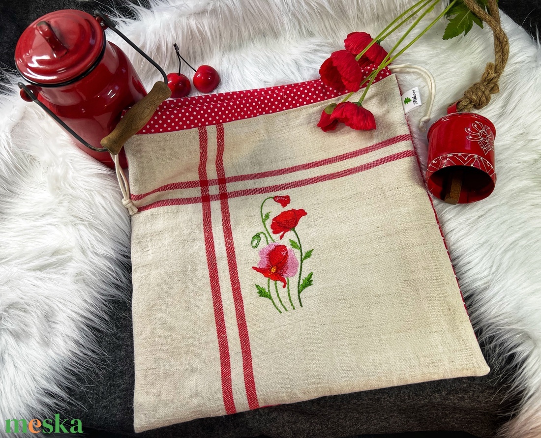 Kenyeres zsák-Pipacsos hímzett- öko zsák-vastag erős anyagból - táska & tok - bevásárlás & shopper táska - kenyeres zsák - Meska.hu