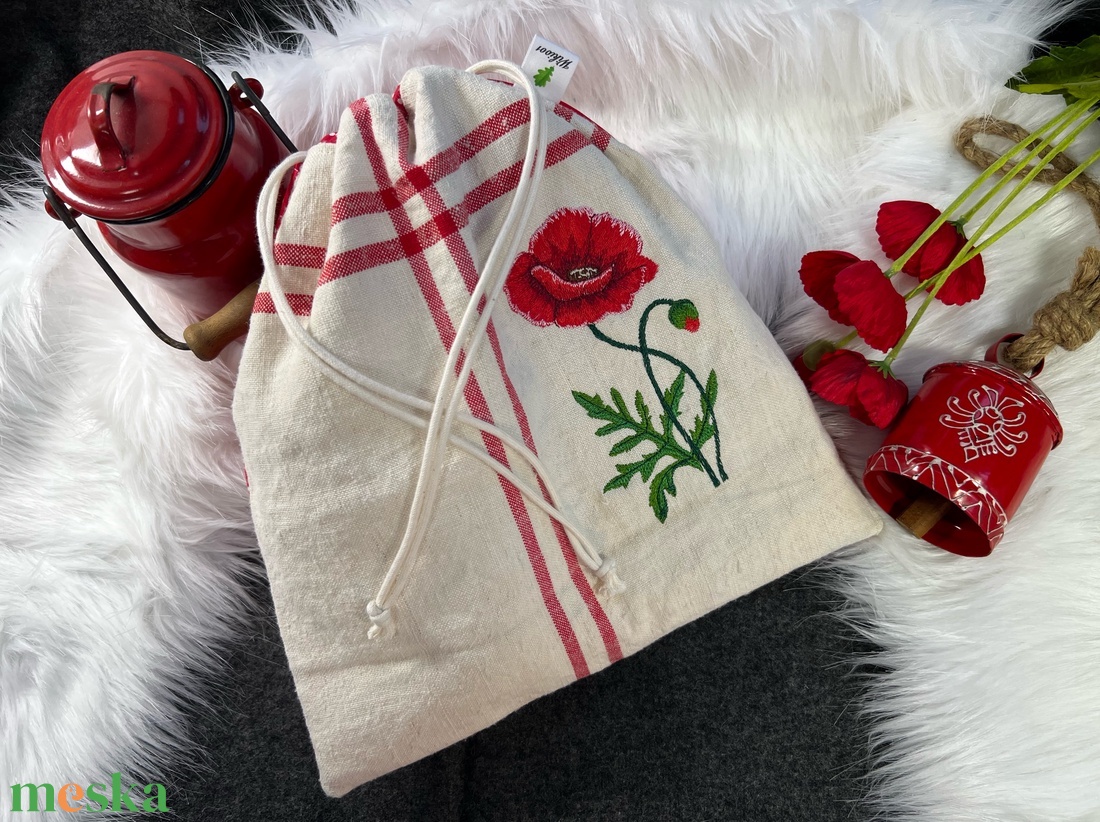 Kenyeres zsák-Pipacsos hímzett- öko zsák-vastag erős anyagból - táska & tok - bevásárlás & shopper táska - kenyeres zsák - Meska.hu
