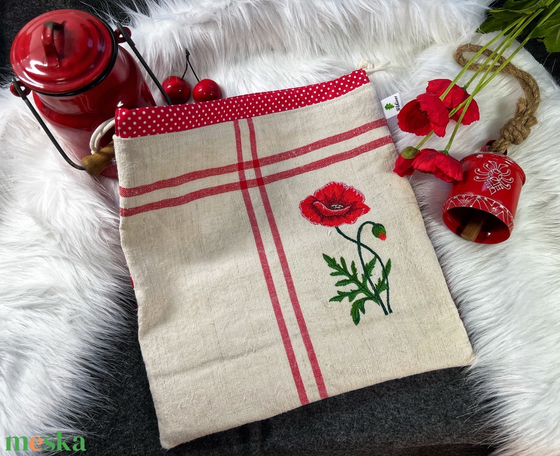 Kenyeres zsák-Pipacsos hímzett- öko zsák-vastag erős anyagból - táska & tok - bevásárlás & shopper táska - kenyeres zsák - Meska.hu