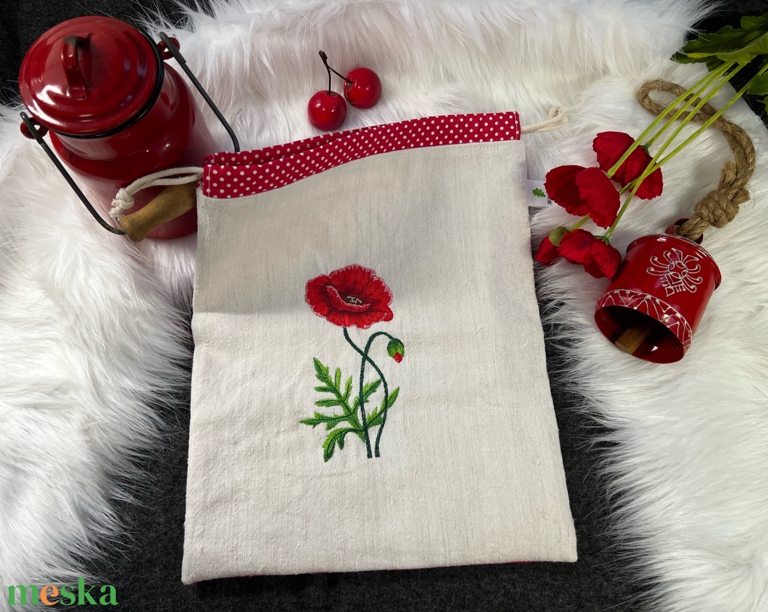 Kenyeres zsák-Pipacsos hímzett- öko zsák-vastag erős anyagból - táska & tok - bevásárlás & shopper táska - kenyeres zsák - Meska.hu